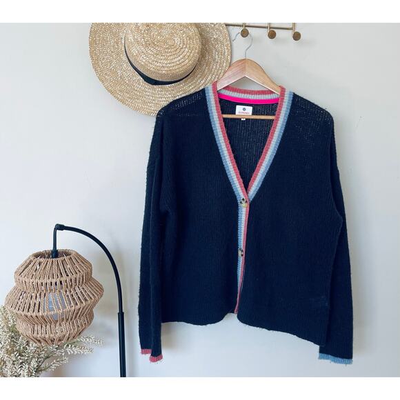 Sundry Contrast  Stripe Cardigan Tennis Varsity Preppy Navy Wool  Cashmere - Picture 4 of 7